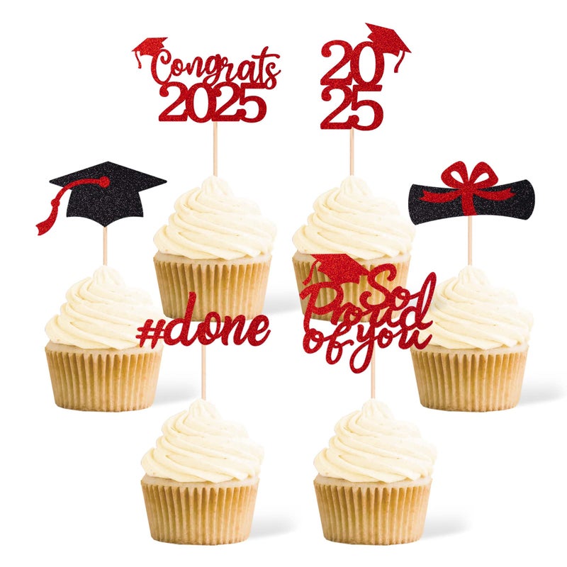 Gexolenu 36 pcs Class of 2025 Graduation Cupcake Toppers, Red Glitter Double-Sided Grad Cap Cake Picks for Party Supplies, Decorations - Image 1